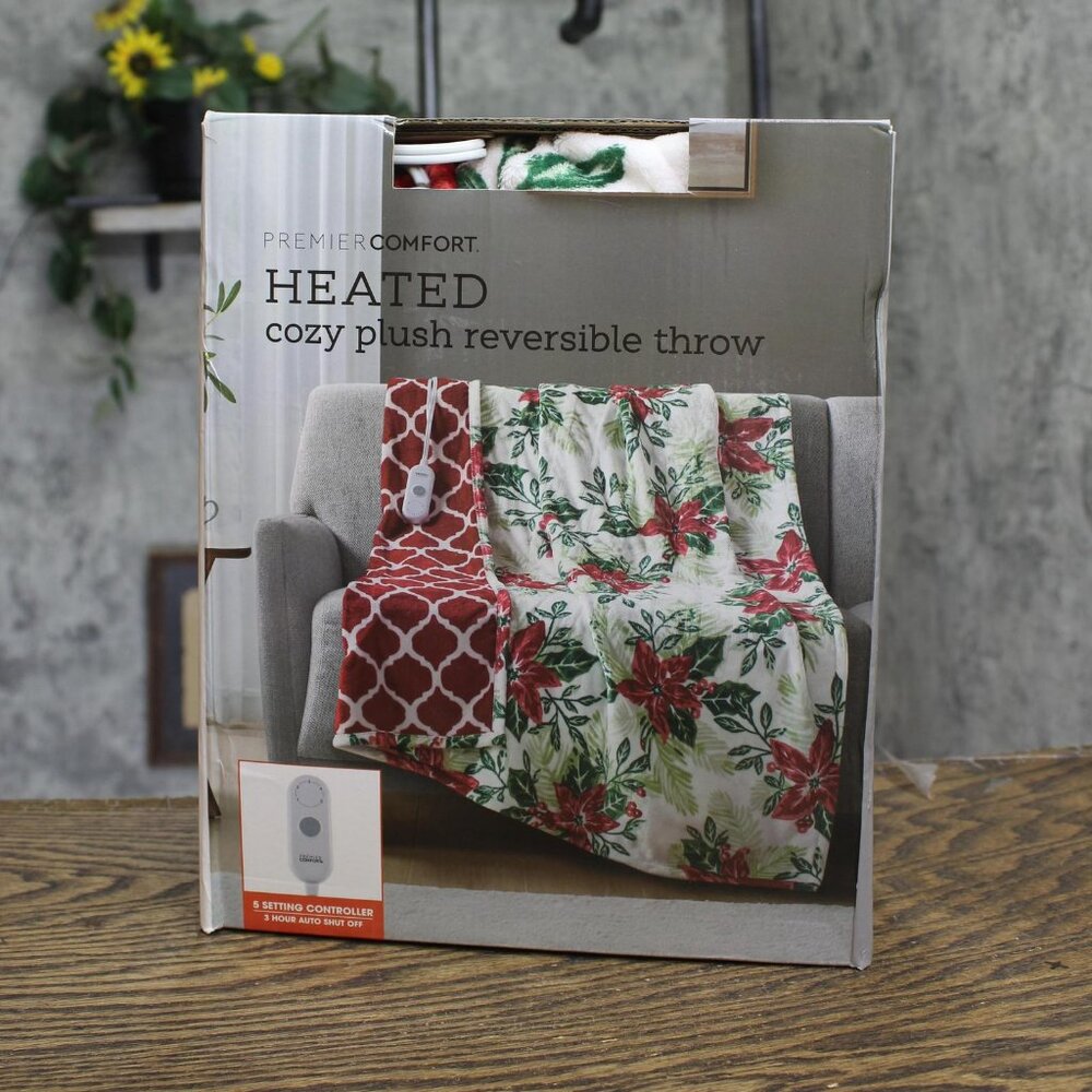 NEW Premier Comfort Plush Reversible Throw Blanket White Poinsettia Multi 50x60